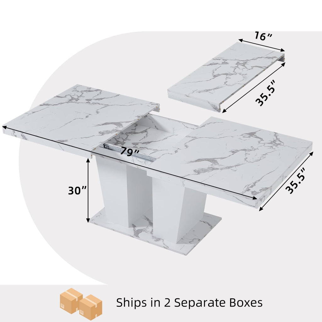 63-79 Inch Extendable Dining Table for 4-8 People (Marble White)