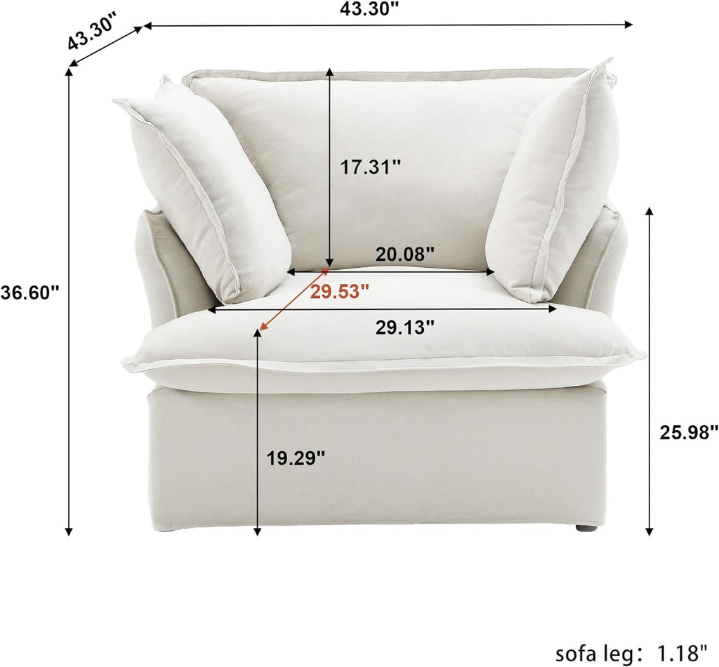 43" Modern Comfy Couch Chair with Thick Cushion, Couch Single Accent Chair Deep Seat Sofa Couches, Hemp Velvet Sofas Furniture for Small Spaces Living Room Bedroom Office Apartment (White) A124-B0CZ8VQRJ1