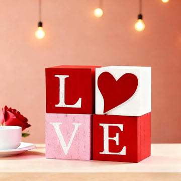 Valentines Day Decorations Love Signs, 3D Heart Wooden Sign Rustic Valentines Day Table Decor Farmhouse Tiered Tray - Set of 4