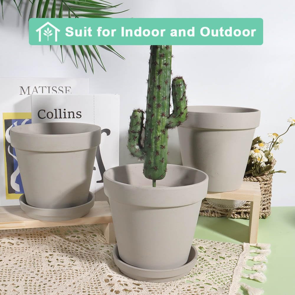 Gray 8 Inch Terracotta Pot for with Drainage - 2 Pack Large Terra Cotta Plant Pot with Saucers, Flower Clay Pot with