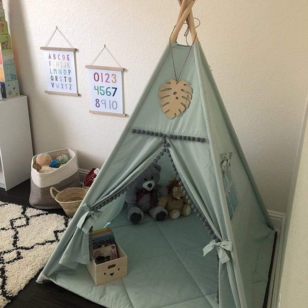 Kids Teepee Tent with White Pom Pom - Indoor Play Teepee for Children Boys Portable Play House (Jewelry Blue)