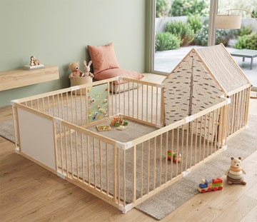 2-in-1 Wooden Baby Playpen with Tent, 58x58 Large Foldable Play Yard