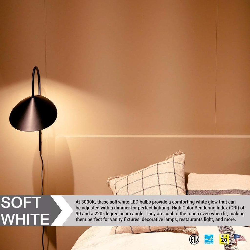 G25 LED Globe Light Bulbs Vanity Light Bulb 6W (60W Equivalent) 3000K Soft White E26 Medium Base Dimmable 500 Lumens