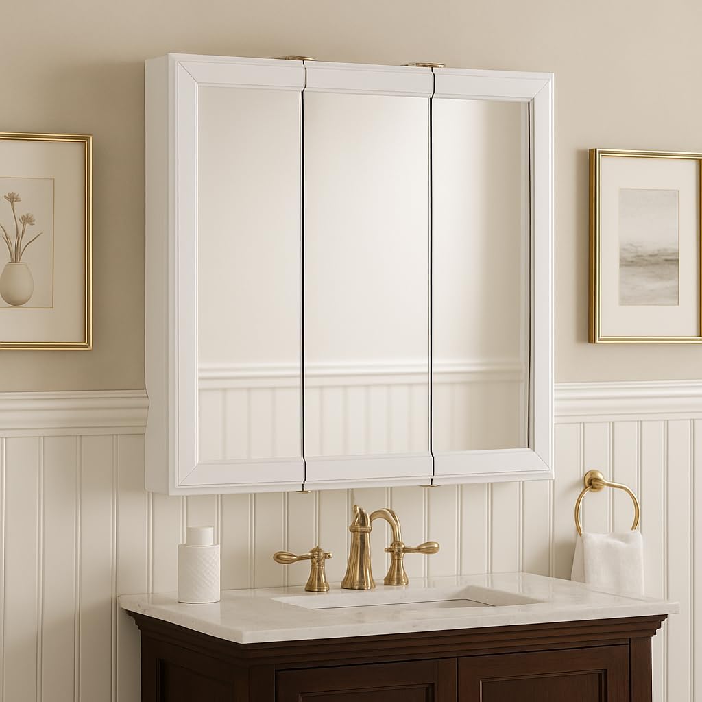 Wyndham Bathroom Medicine Cabinet with Mirror, 30 Inch Wall Mount Medicine Cabinet, 3 Mirrored Doors, Bathroom Wall