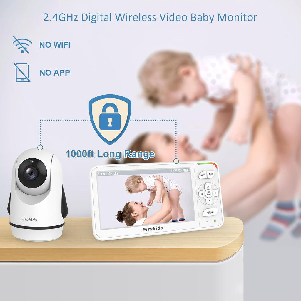 5" Baby Monitor with Camera and Audio, No WiFi Travel Baby Monitor, Pan Tilt Zoom Baby Camera Monitor with Way