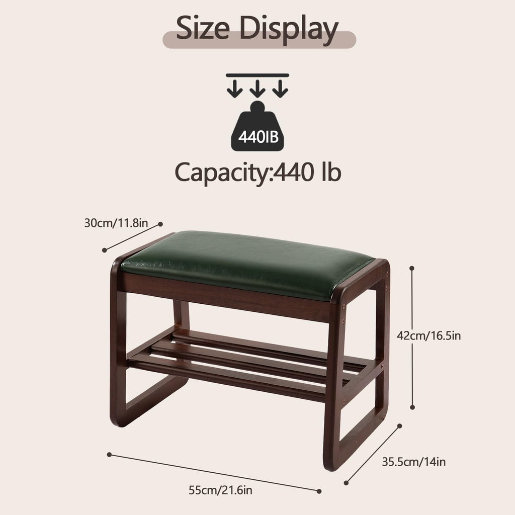 Small Shoe Rack Bench, 2 Tier Solid Wooden Entryway Bench(Green)