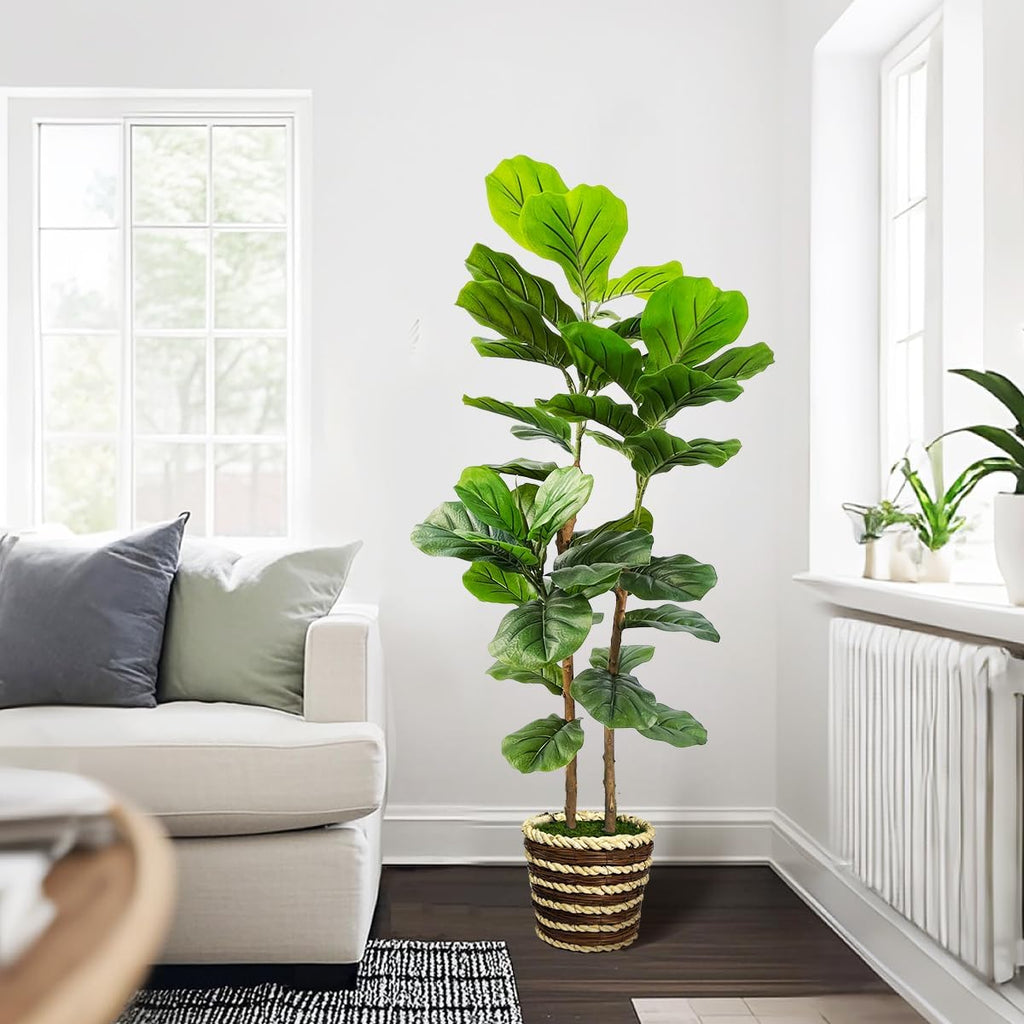Artificial Fiddle Leaf Fig Tree with Woven Basket,4ft Tall Fake Tree with Natural Wood Trunk Decor, Faux Ficus Tree