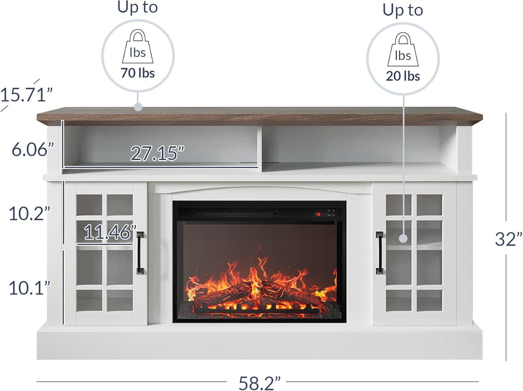 Traditional 58" Rustic TV Stand with 23" Electric Fireplace Heater with Sound, Media Entertainment Center Console Table for TV up to 65" with Open Storage Shelves and Cabinets - White A132-B0BDLHKMNS