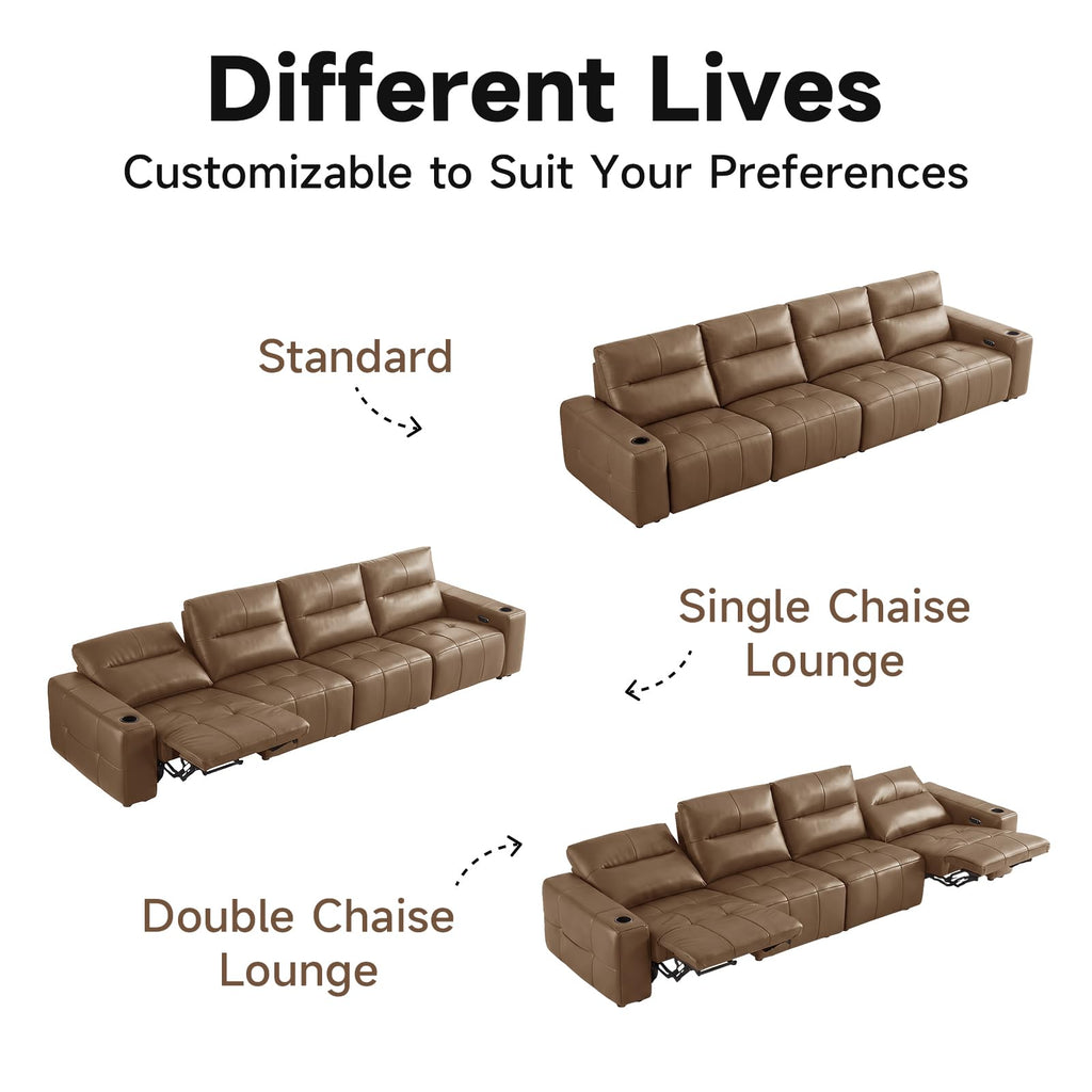 Power Recliner Sofa Genuine Leather Wall Hugger Recliners with USB Port 4-Seater Sofas with 2 Cup Holders, Brown