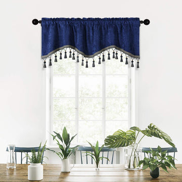 Thick Chenille Window Curtains Tier Royal Blue Scalloped Valance with Tassels, 52" W x 18" L, 1 Panel