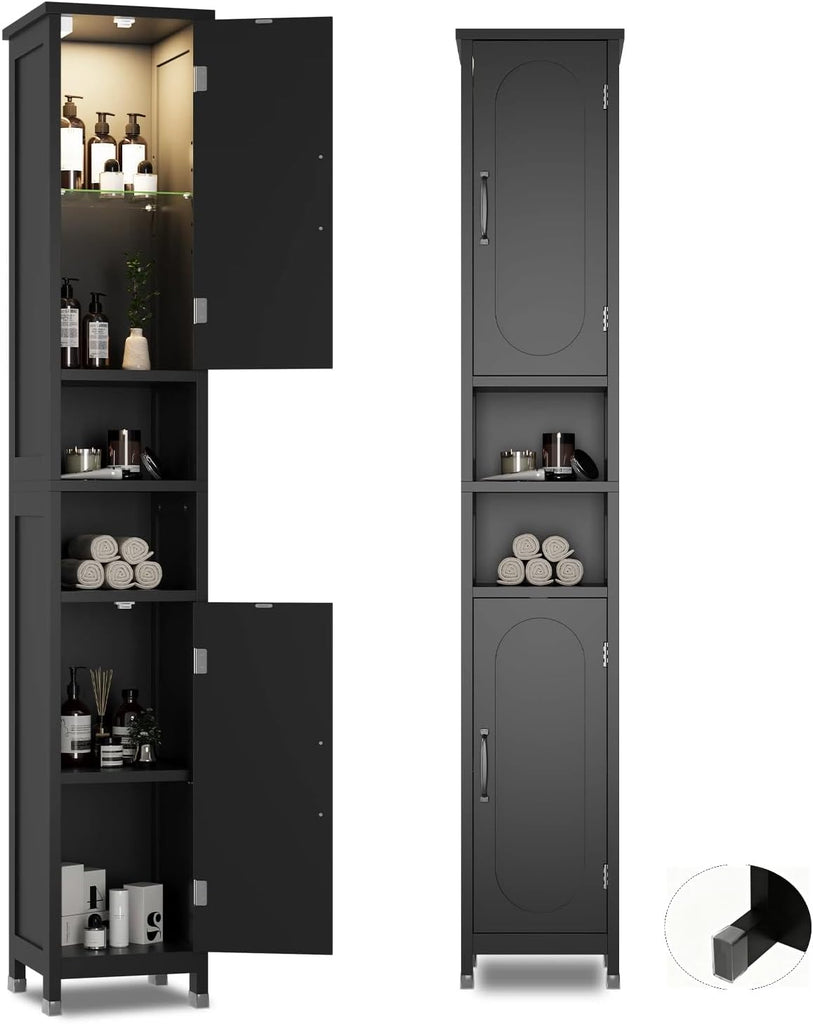 67" Tall Bathroom Storage Cabinet with Lights, Slim Narrow Bathroom Cabinet Organizer with Doors and Adjustable