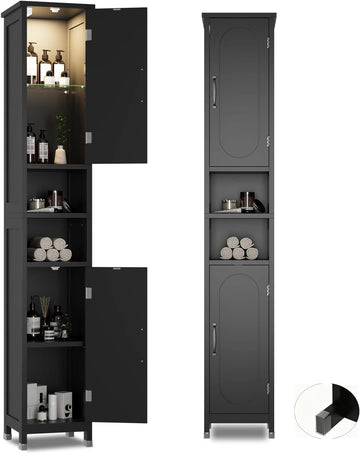 67" Tall Bathroom Storage Cabinet with Lights, Slim Narrow Bathroom Cabinet Organizer with Doors and Adjustable