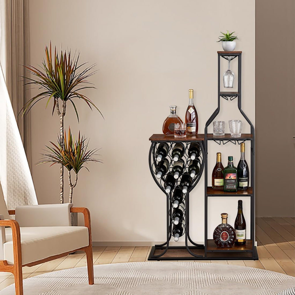 5-Tier Wine Rack Freestanding Floor, 11 Bottles Modern Wooden Wine Holder-Storage Cabinet Bar, Kitchen, Dining Room