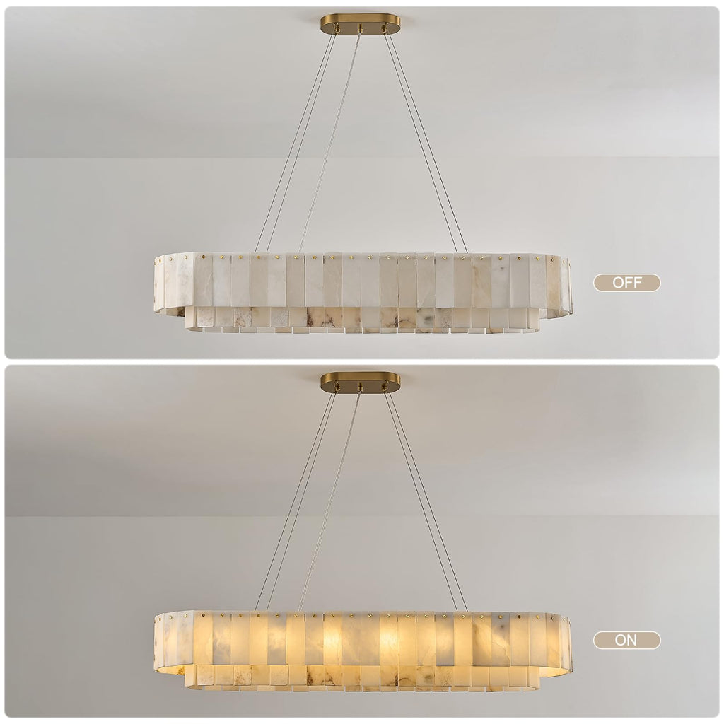 48 Inch Large Rectangular Alabaster Chandelier, 18 Light Modern Linear Pendant Light with Natural Stone Panels