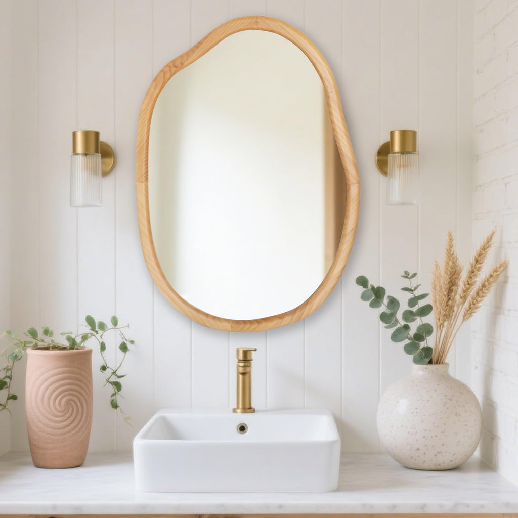 Irregular Wall Mirror, Wood 22X30 Large Asymmetrical Modern Vanity Bathroom Farmhouse Abstract Walnut Nature Mirror