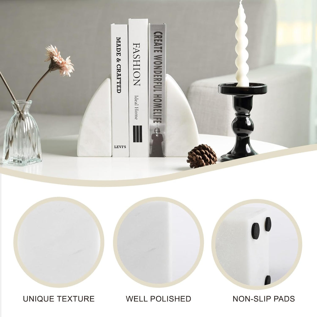 Marble Bookends for Shelves, Large Bookends for Heavy Books, Natural Stone Book Stopper for Books CD Movies
