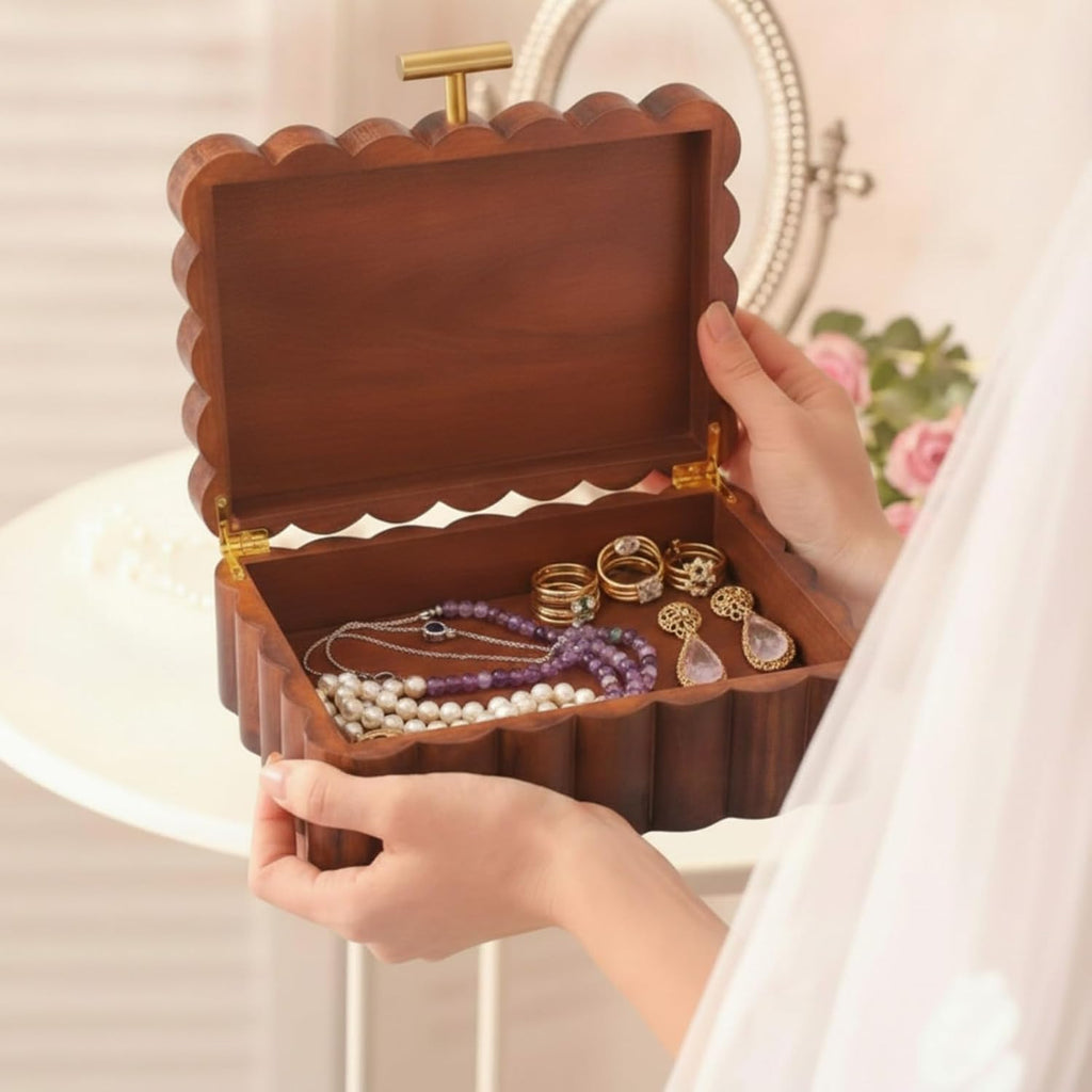 Scalloped Wooden Jewelry Box Trinket Organizer with Lid 7.25 x 10 x 3.88 Inches Fan Shaped Decorative Storage Box