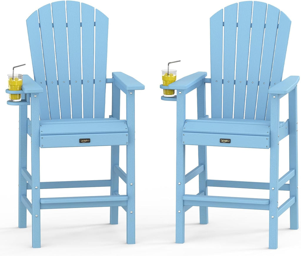 Tall Adirondack Chairs Set of 2, All-Weather Plastic Adirondack Chair with Cup Holders, Heavy-Duty HDPE Outdoor Bar