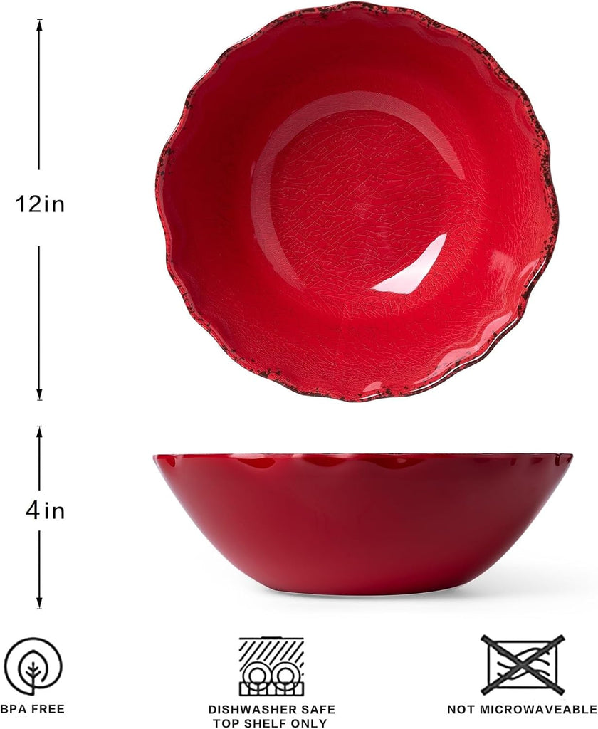 Rustic Crackle Melamine Serving Bowls, 130 OZ and 12 inches Waved Rim Salad Bowl,Unbreakable Pasta Bowls and Mixing
