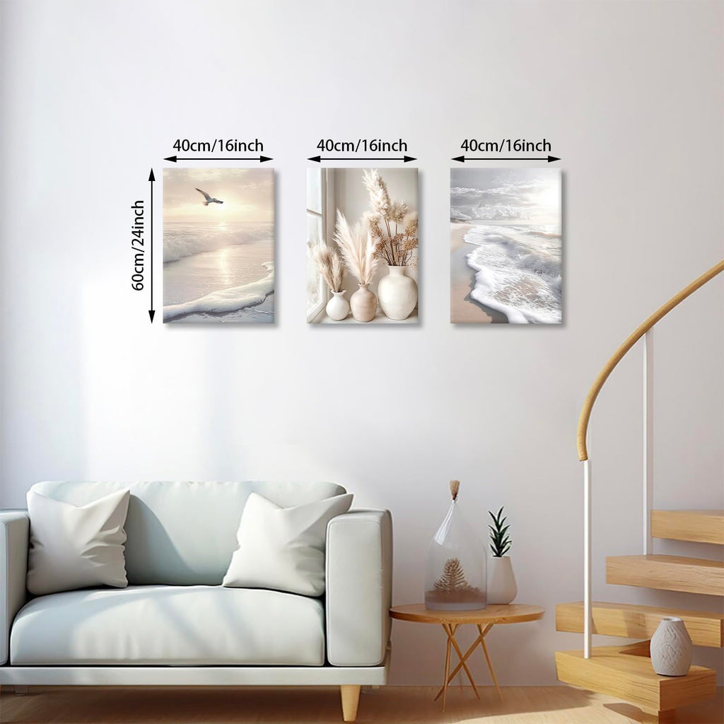 Modern Beige Abstract Beach Botanical Sunset Canvas Wall Art 16"x24"x3