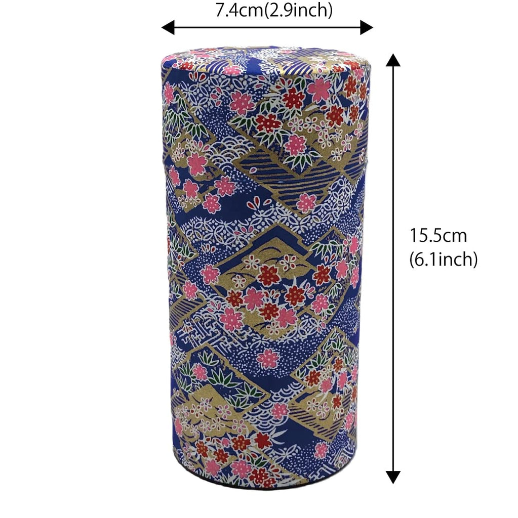 Japanese Tea Canister Tin Sakura Blizzard on a Rhombus Pattern Blue/Double Lid/Japanese YUZEN Washi Paper Pasted