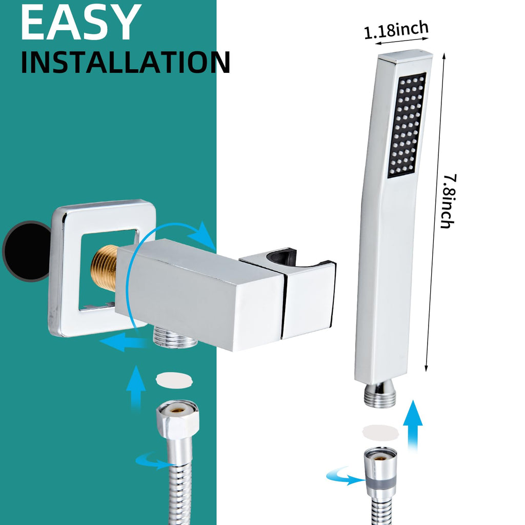 Bathroom Square Chrome Solid Brass Hand Held Shower Head With Wall Connector and Hose System Wall Mount Handheld