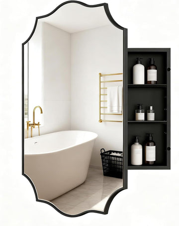 Black Scalloped Edge Vintage Medicine Cabinet Mirror, Decorative Bathroom Storage Cabinet with 2 Adjustable Shelves