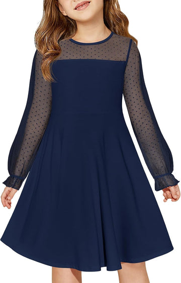 Girls Contrast Mesh Long Sleeve High Waist A Line Short Dress with Pockets