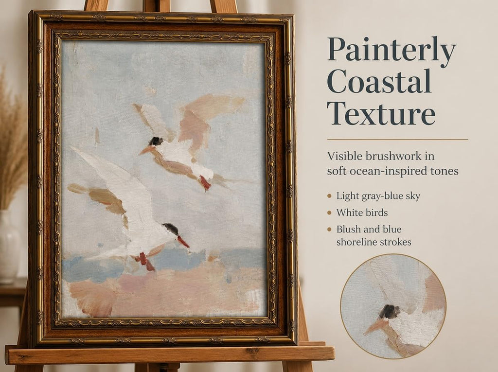 Vintage Coastal Seagulls Framed Wall Art-Beach Flying Birds Canvas Print Antique Nautical Wall Decor for Beach House