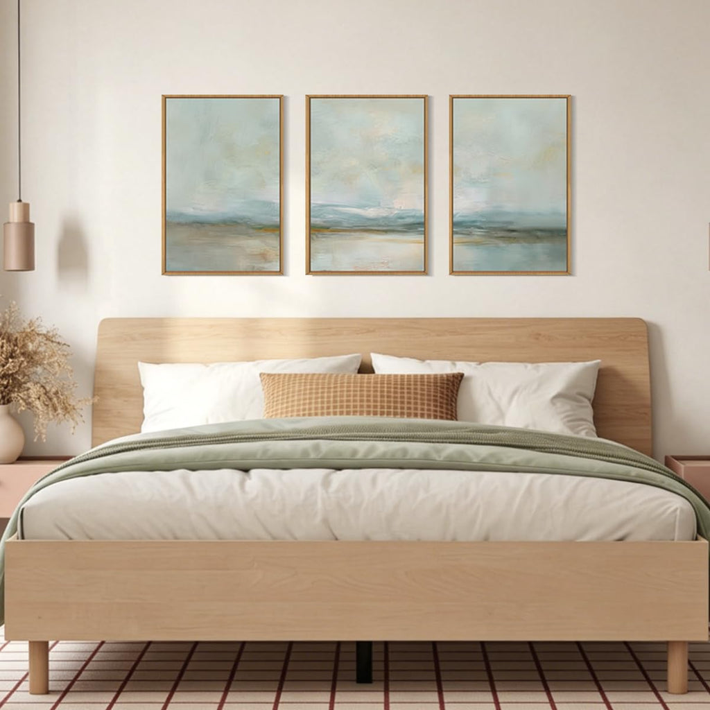 Sage Green Abstract Framed Canvas Wall Art, Large Watercolor Landscape Wall Decor, Neutral Minimalist Lake Artwork