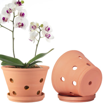 8 inch Terracotta Orchid Pots with Holes and Saucers, 2 Pack Clay Orchid Planter Pots for Repotting, Large Terra