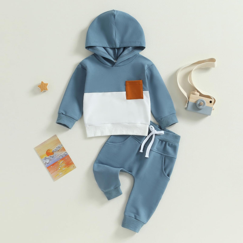 Toddler Baby Boy Outfit Long Sleeve Color Block Hoodie and Pants Fall Winter Clothes Blue