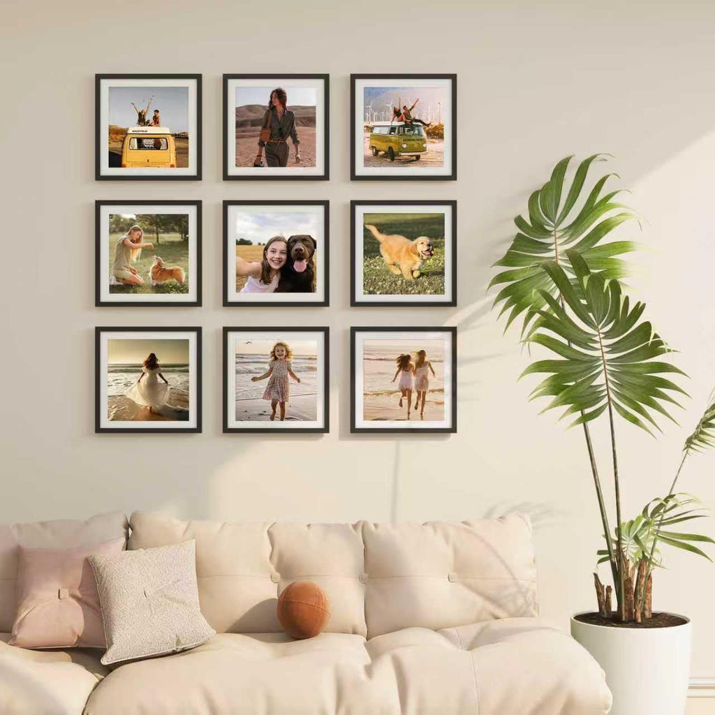 12x12 Frame Set of 9, Wooden 12 by 12 Square Picture Frames with Plexiglass for Picture 8x8 with Mat or 12x12 without