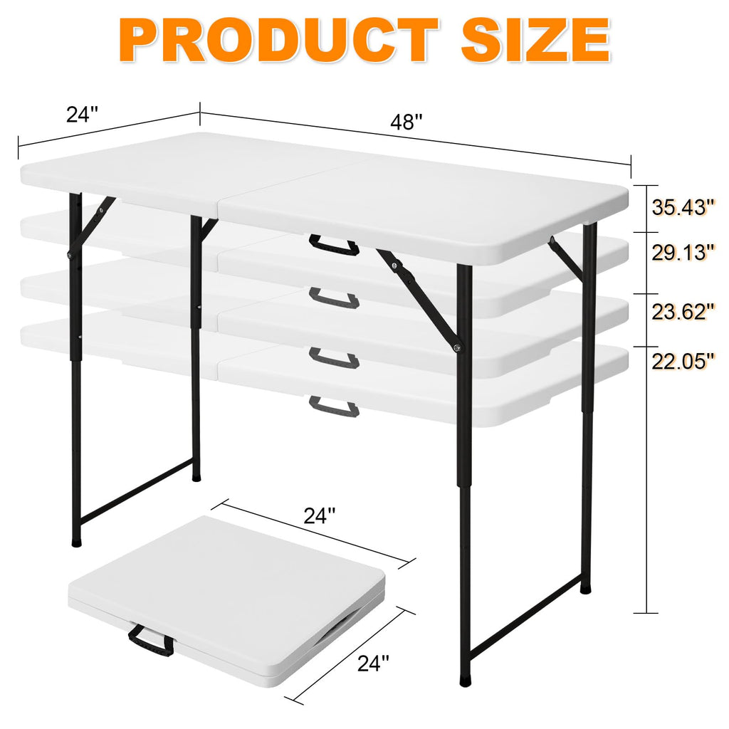 4ft Folding Table, Portable Fold-in-Half Adjustable Height Utility Table for Indoor/Outdoor Use, Durable HDPE &