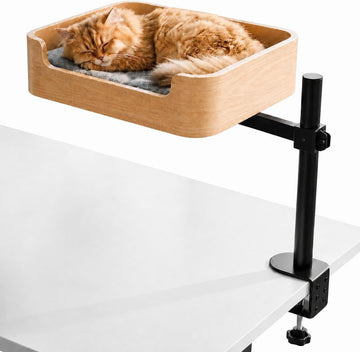 3-in-1 Cat Desk Bed, Cat Window Hammock & Elevated Floor Bed - Wooden Window Perch & Seat, American Oak Finish, 2