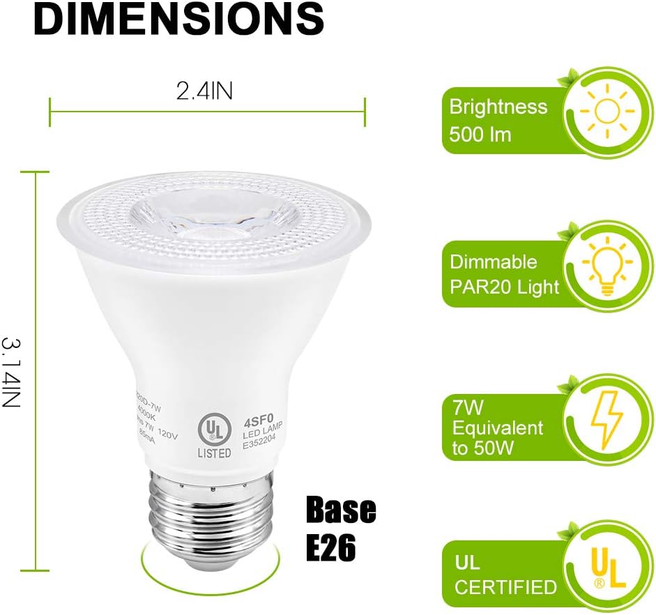 7W Par20 LED Bulb (50W Equivalent), UL Listed, 5000k Daylight White Dimmable Flood Bulbs Lights, 500 Lumens, E26