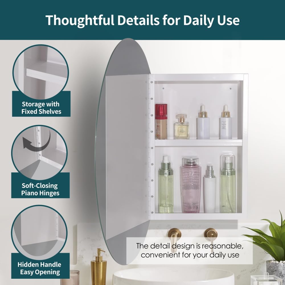 Oval Medicine Cabinet with Mirror, 18 inch x 26 inch Frameless Mirrored Medicine cabinets with Mirror, Surface Mounted