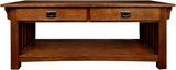 Mission Impeccable Coffee Table, Solid Wood with 2 Drawers & Shelf, Medium Oak Finish, Blackened Hardware