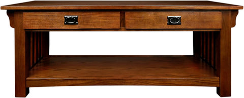 Mission Impeccable Coffee Table, Solid Wood with 2 Drawers & Shelf, Medium Oak Finish, Blackened Hardware