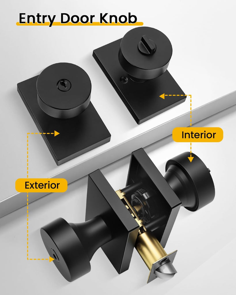 Matte Black Entry Door Knob, Keyed-Alike Exterior Door Knobs with Lock and Key, Security and Front Door Handles 1 Pack