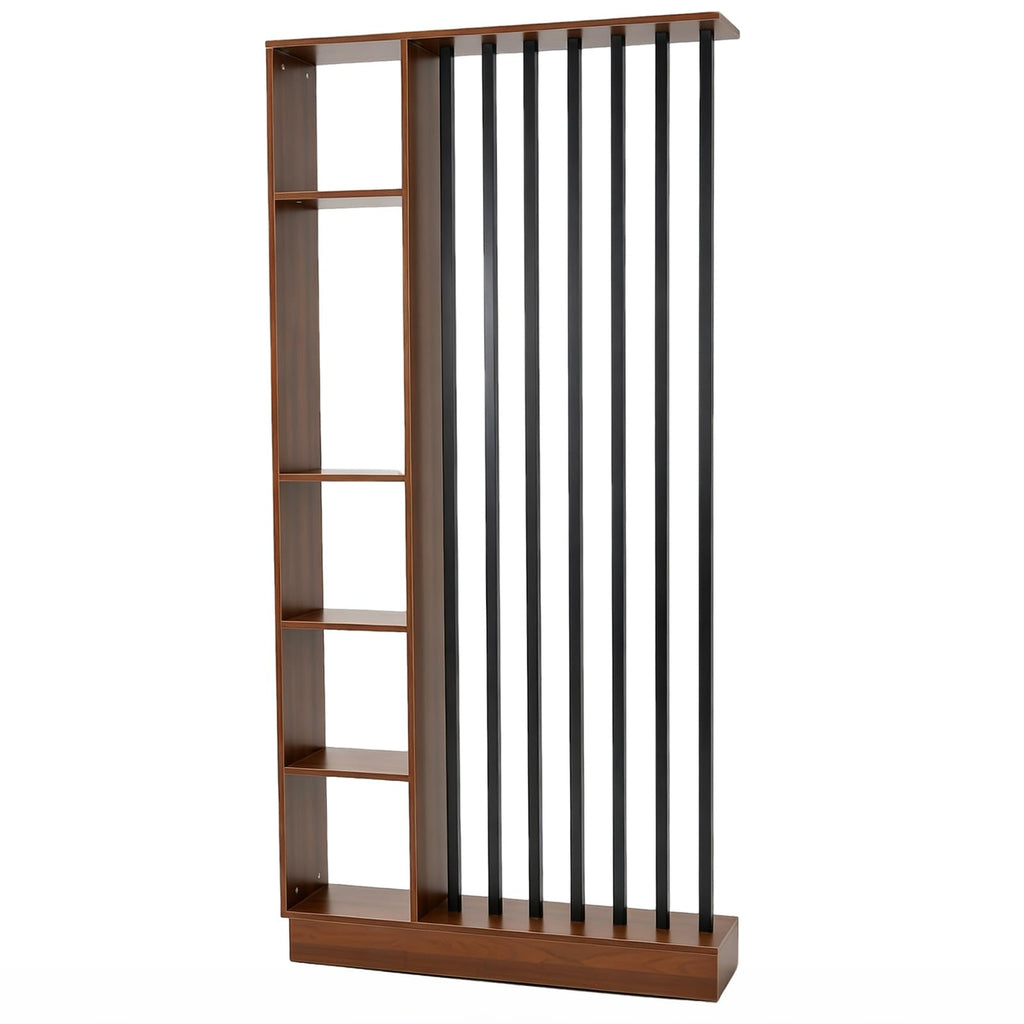Freestanding Room Divider with Storage Shelves, Slatted Partition Bookcase