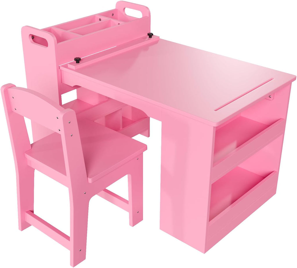 49'' Kids Art Table,Craft Desk with 2 Chairs & Storage Shelves