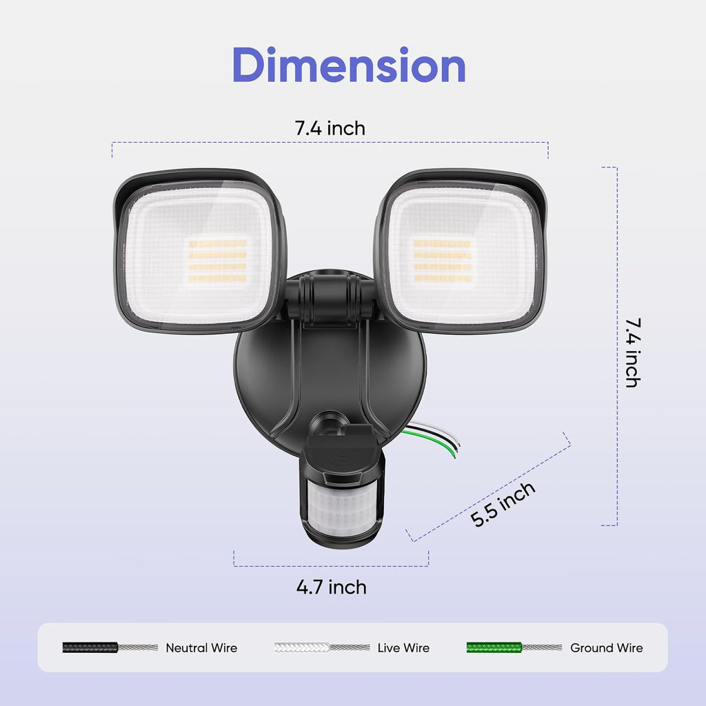 35W Motion Sensor Outdoor Light, 3500LM 2 Head LED Flood Light, Dusk to Dawn Hardwired Security Light, IP65