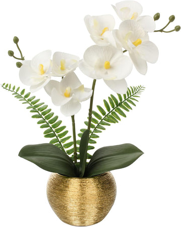 Artificial Orchid Flowers in Gold Ceramic Pot, 13" Small White Faux Phalaenopsis Orchid Floral Arrangement Fake Silk