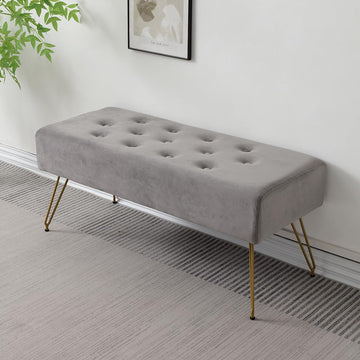 Velvet Button-Tufted Entryway Bench, 39.37" Modern Upholstered Bedroom Bench with Gold Metal Legs, Padded Rectangular