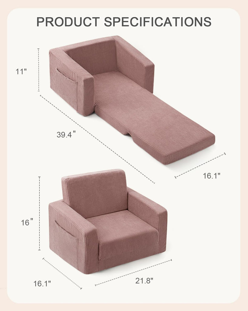 In-1 Kids Chair and Couch, Cozy Corduroy Kids Sofa, Pink