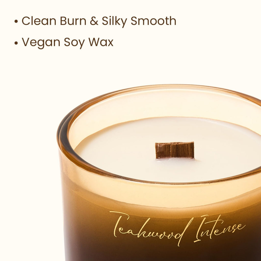 9.9oz Natural Soy Wax Jar Candle with Wooden Wick | Teakwood Intense Scent | 55-Hour Burn & Long-Lasting Burn