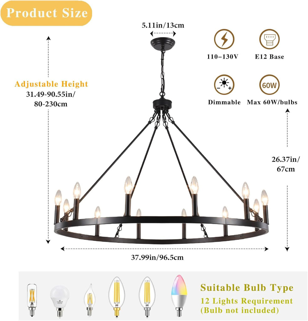 Inspired Camino Style Chandelier - Black Large Wagon Wheel Chandelier 38 inch, 12 Lights Farmhouse Chandelier, Industrial Rustic Candle Pendant Light Fixture for High Ceiling Living Room Dining Room Entryway A105-B0BNC15QDS