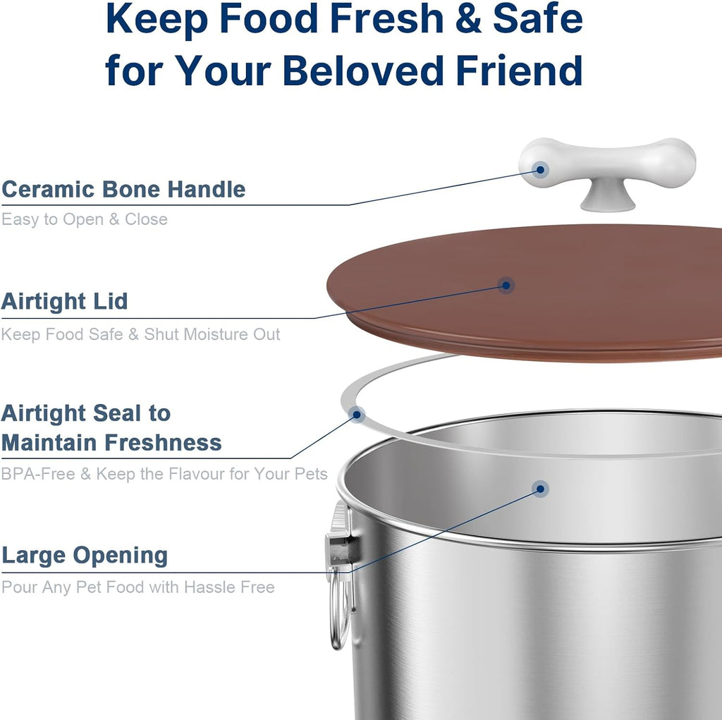 35 Lbs Stainless Steel Dog Food Storage Container with Airtight Lid & Ceramic Bone Handle, Large Metal Dog Food Bin