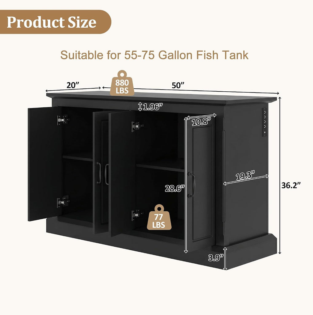 55-75 Gallon Aquarium Stand with Power Outlet, Heavy Duty Fish/Turtle Tank Stands with 4 Cabinets, Reptile Tank Stand
